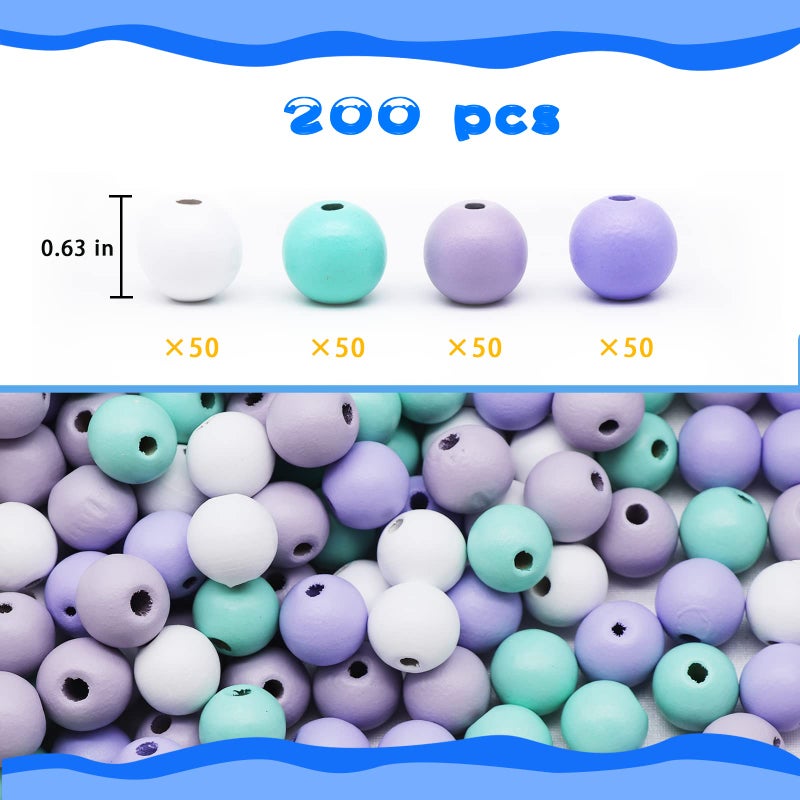 Omlisca 200 Pieces Wooden Beads 16mm Mermaid Theme Colorful Round Wooden Craft Bead Large Hole Loose Spacer Beads for DIY Jewelry Garland Decor  4 Colors - Image 2